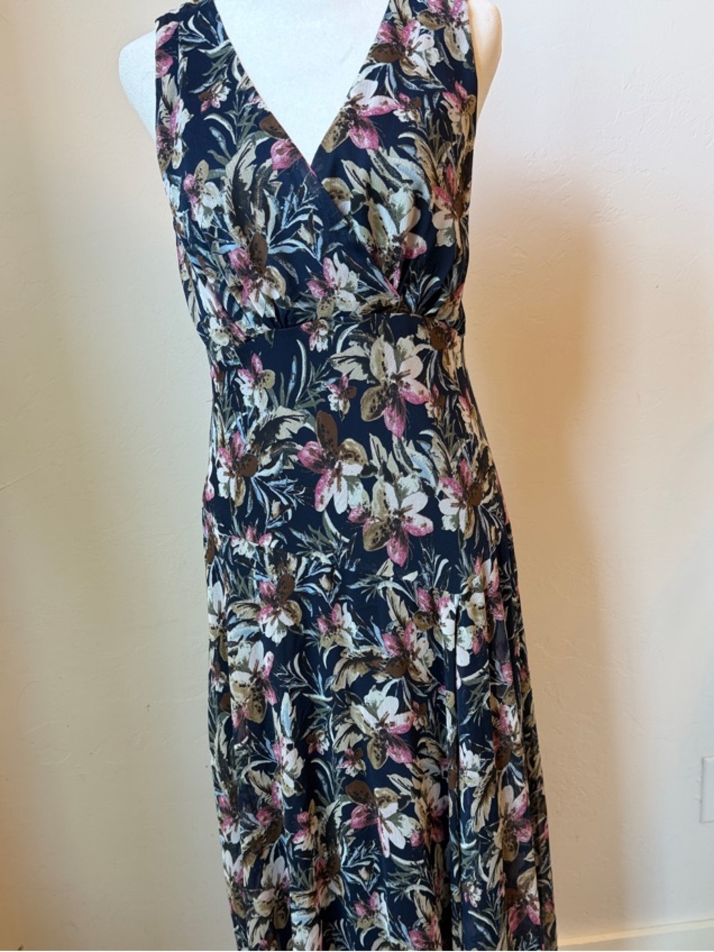 Connected Apparel Navy Floral Surplice Maxi Dress with Pink and Cream Accents